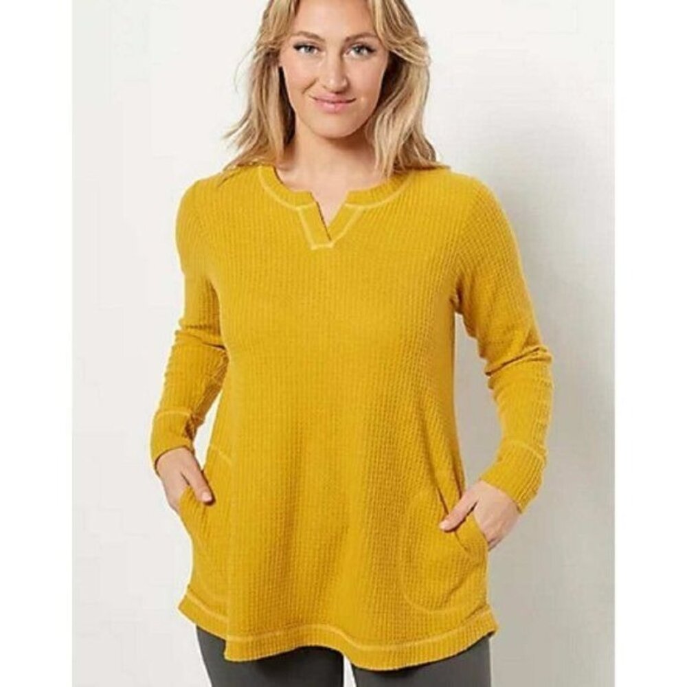 LOGO Lounge by Lori Goldstein Cloud Waffle Split Neck Top X SMALL (505)